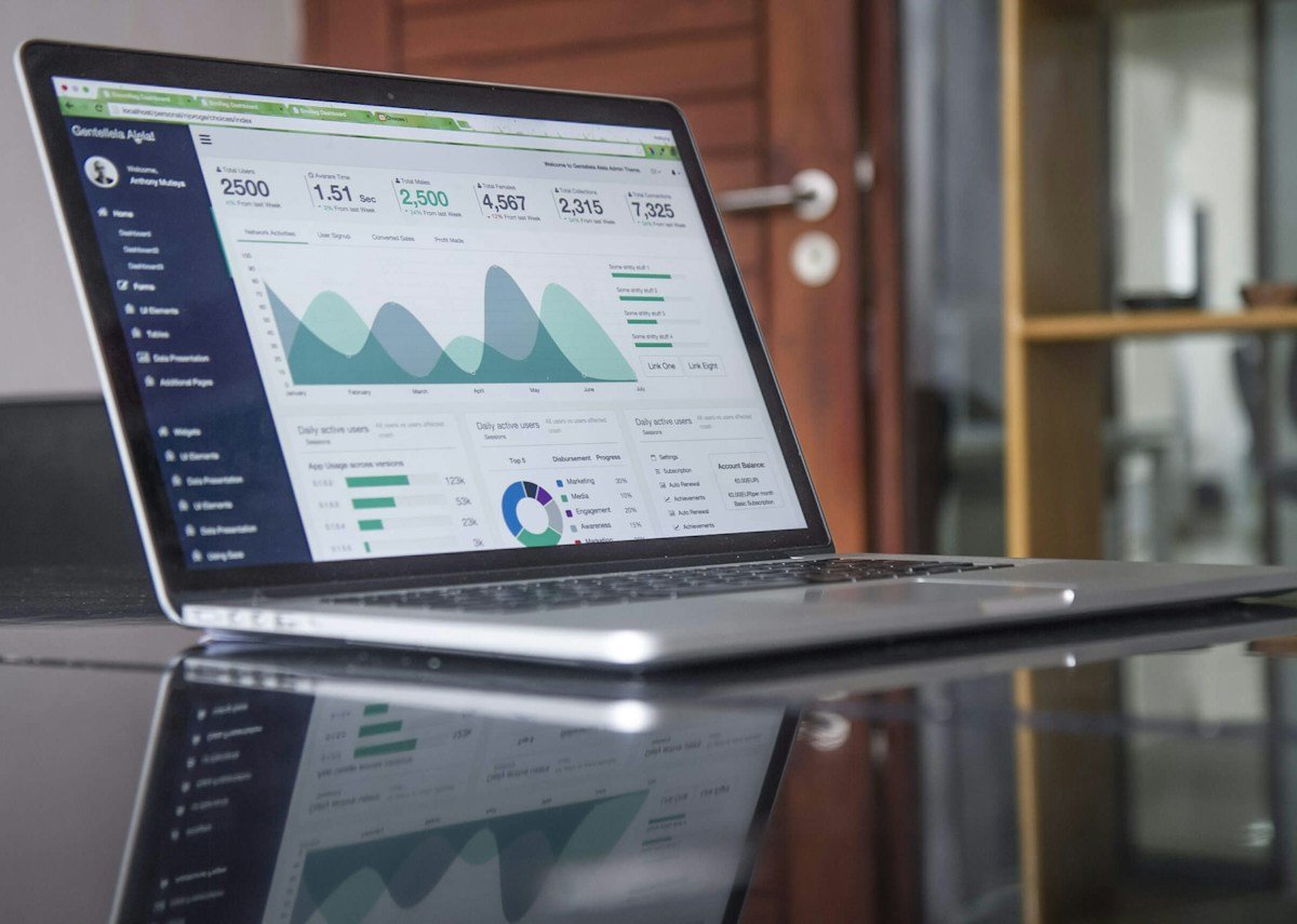 Laptop displaying website analytics charts and visitor statistics