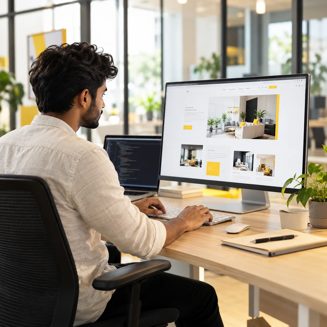 Laptop displaying a visual website alongside a notebook, phone and plant on a real workspace desk